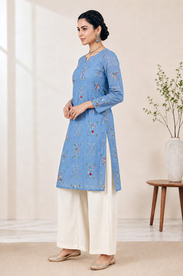 Casual Floral Tunic with Flared Palazzos – Light Blue