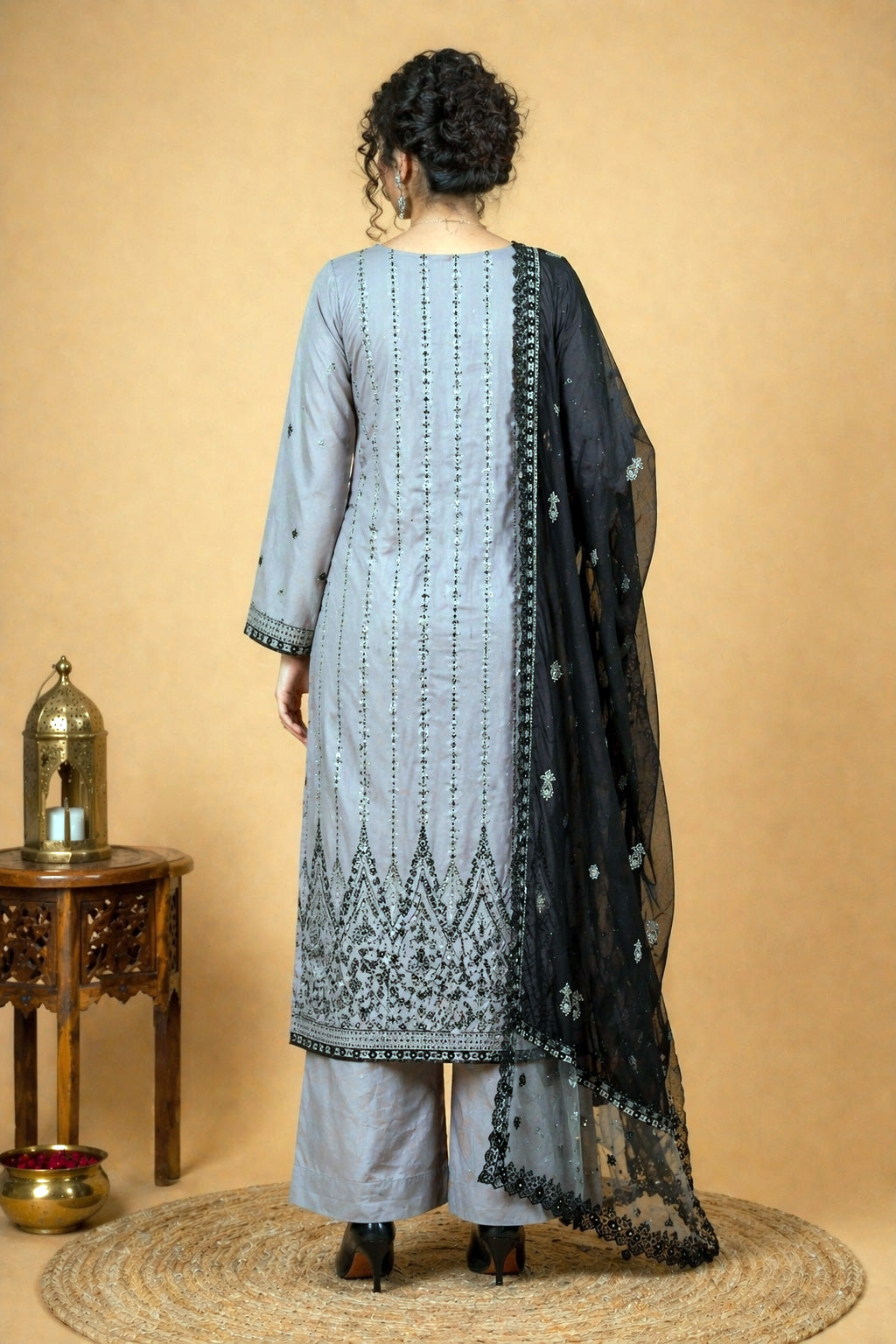 Floral Embroidered Palazzo Suit Set – Grey