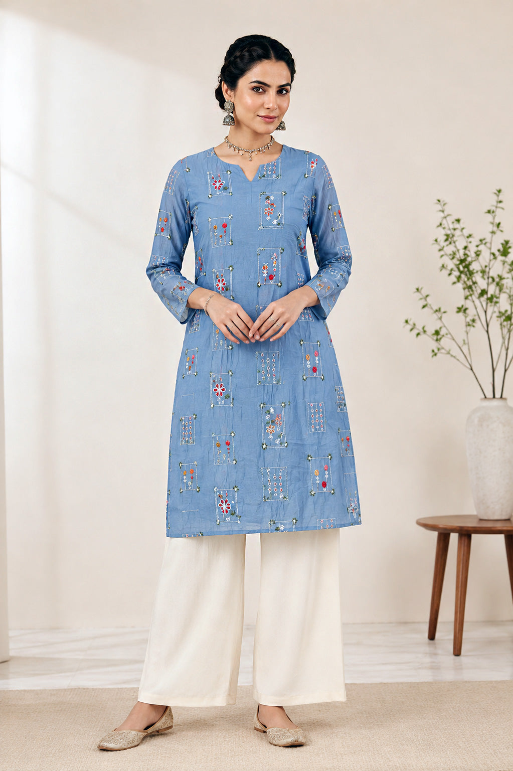 Casual Floral Tunic with Flared Palazzos – Light Blue