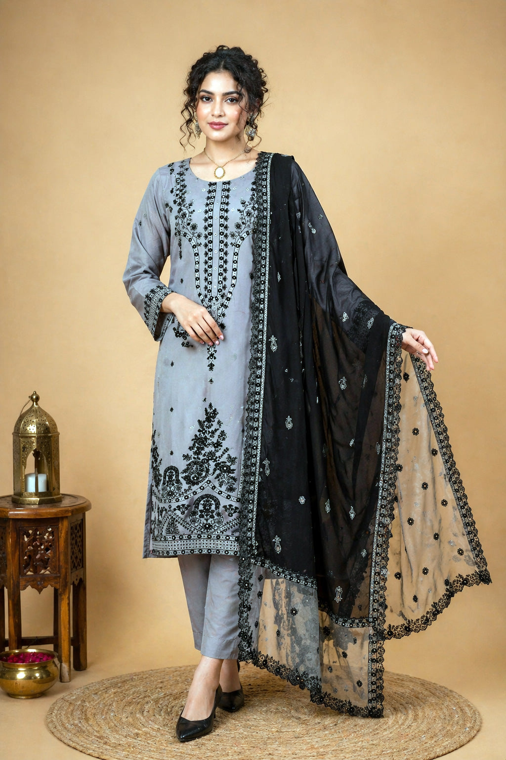 Floral Embroidered Palazzo Suit Set – Grey