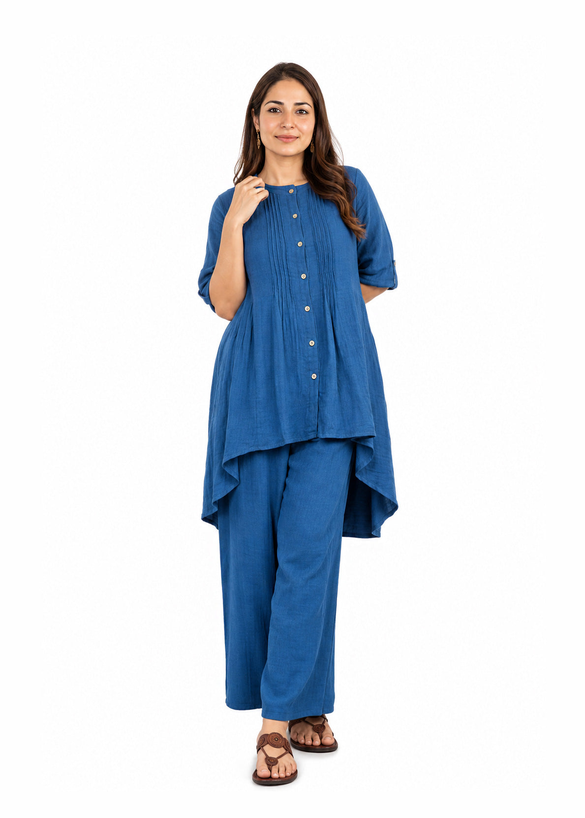Casual Linen-Blend Pintuck Fusion Kurta Pant Set - Indigo Blue