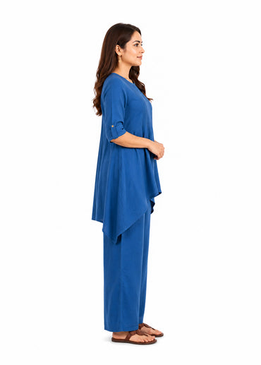 Casual Linen-Blend Pintuck Fusion Kurta Pant Set - Indigo Blue