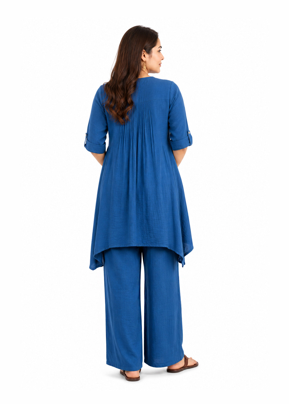 Casual Linen-Blend Pintuck Fusion Kurta Pant Set - Indigo Blue