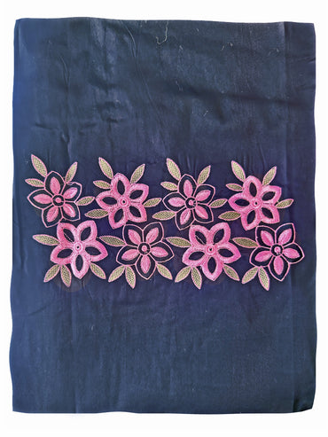 Unstitched Suit Set – Floral Embroidery & Embroidered Chinon Dupatta Navy Blue & Black