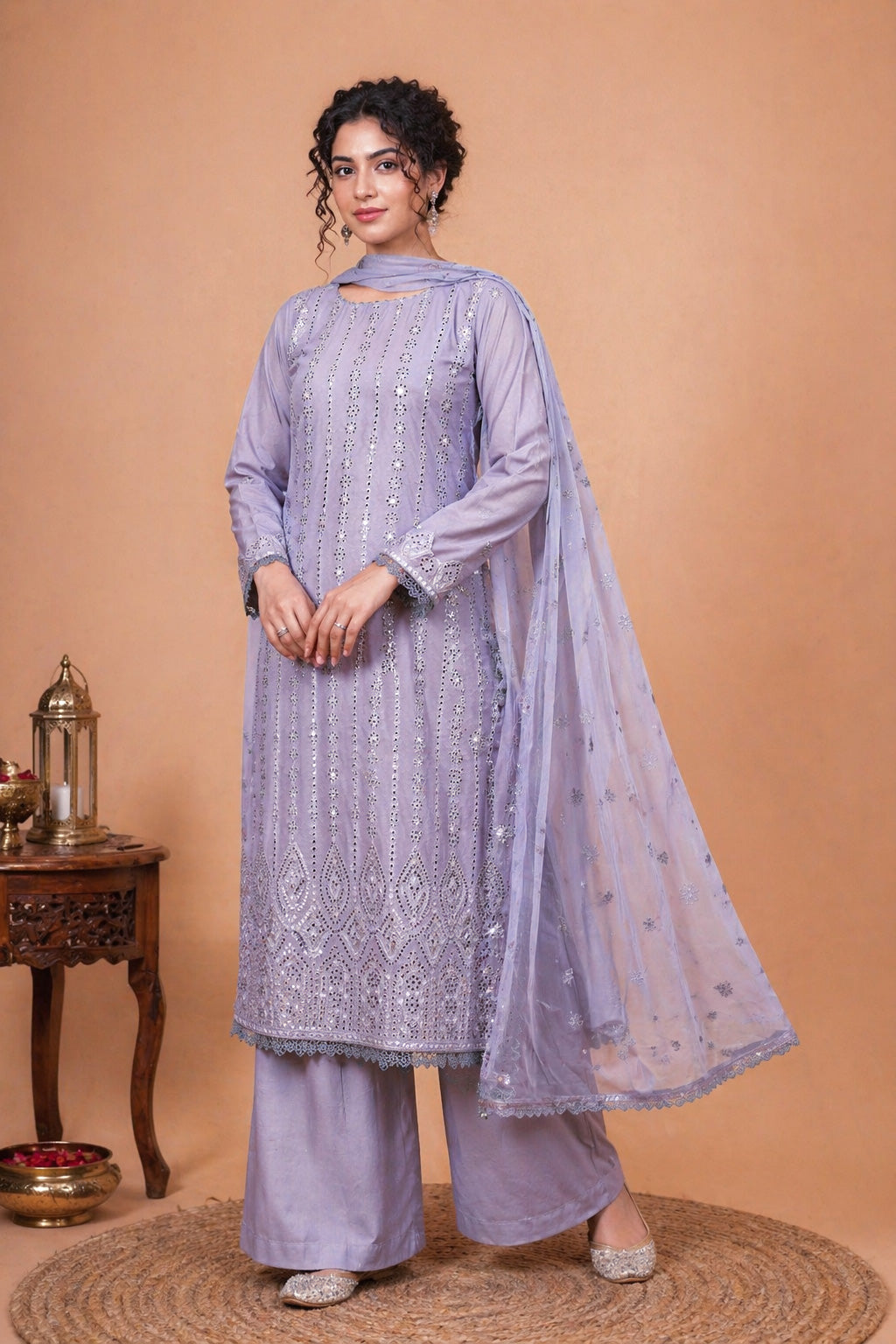 Embroidered Palazzo Suit Set – Pastel Purple