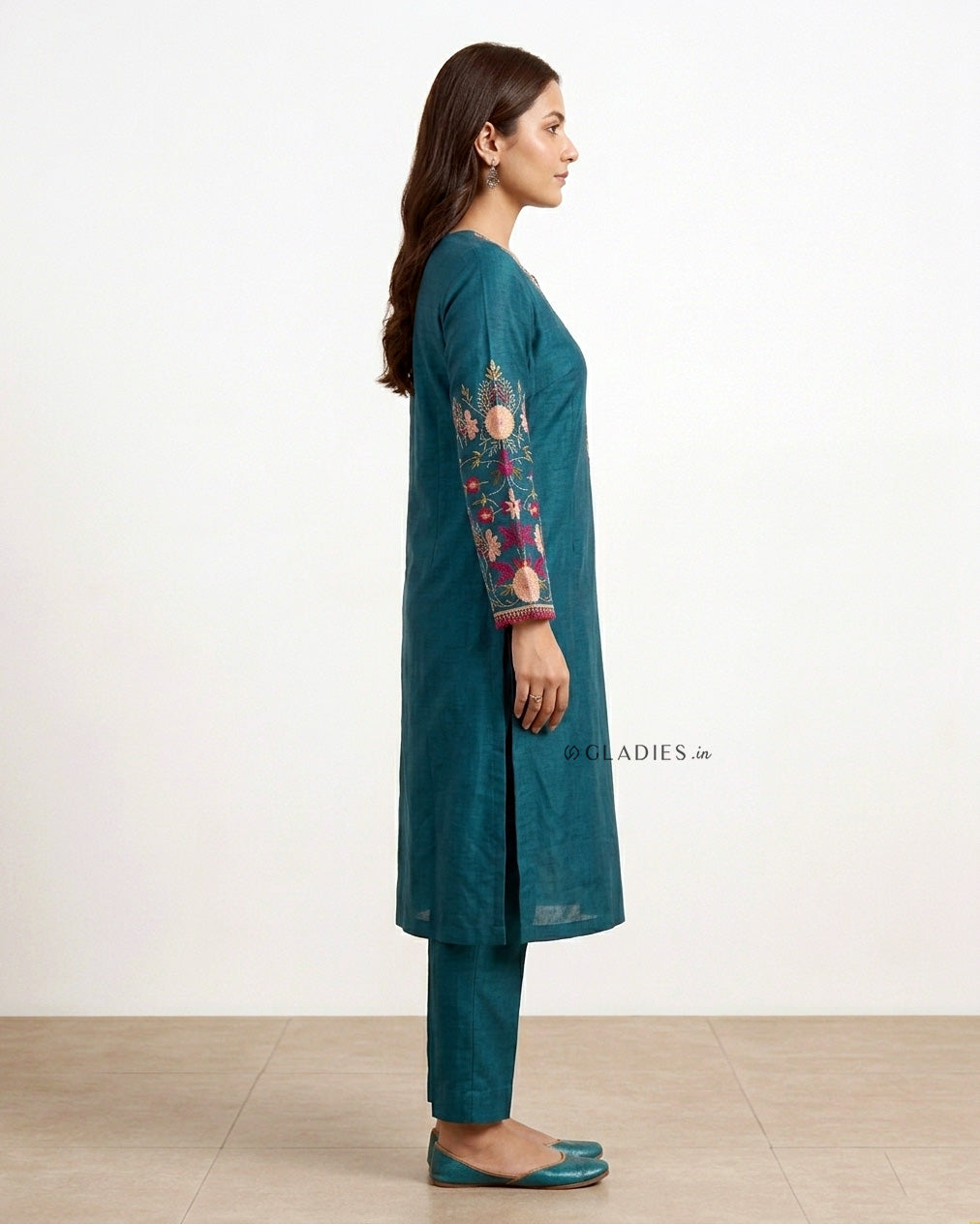 Premium Teal Floral Embroidered Kurta Trousers Set
