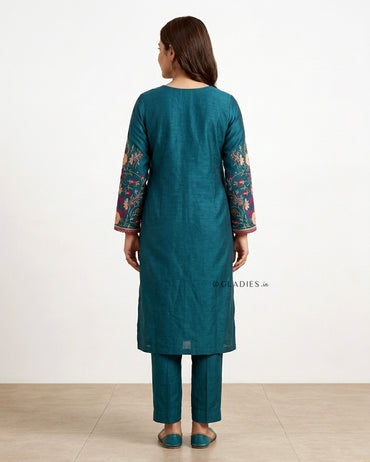 Premium Teal Floral Embroidered Kurta Trousers Set