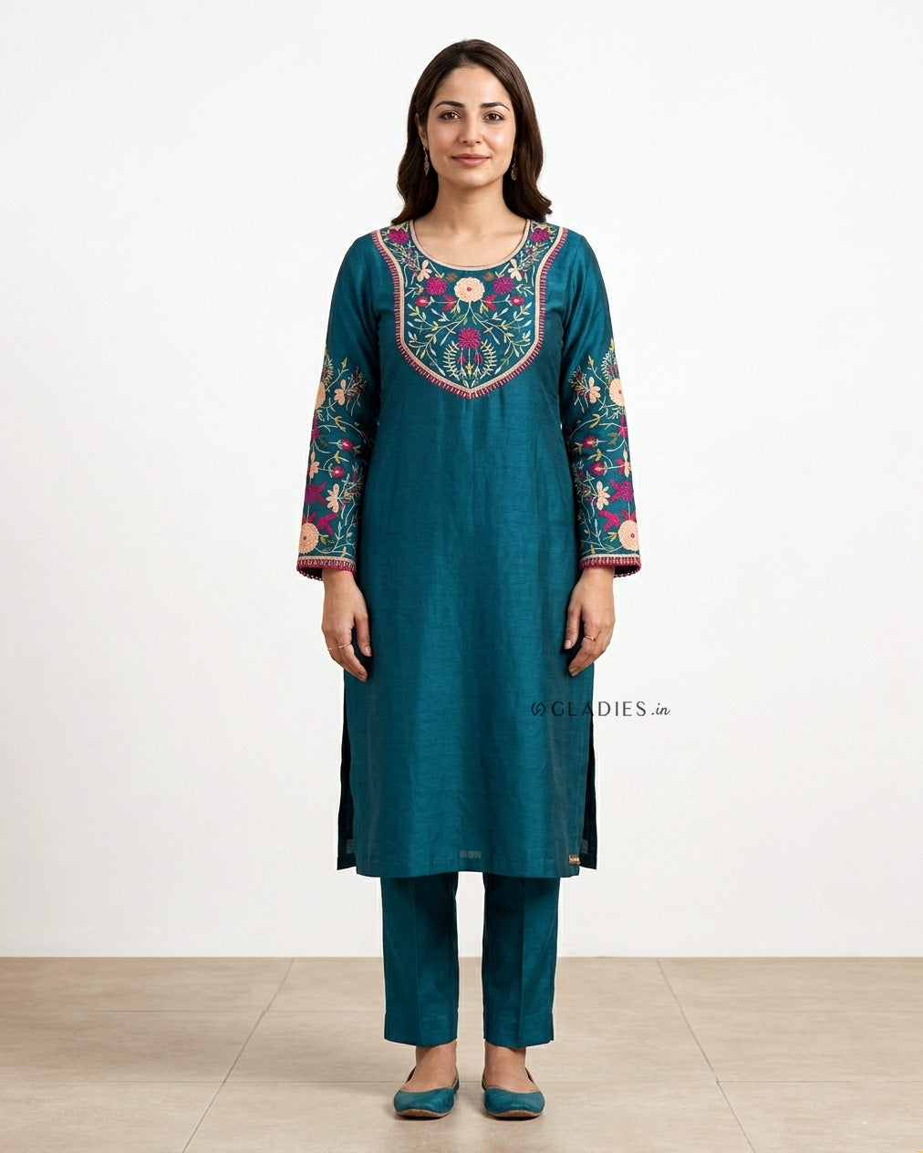 Premium Teal Floral Embroidered Kurta Trousers Set
