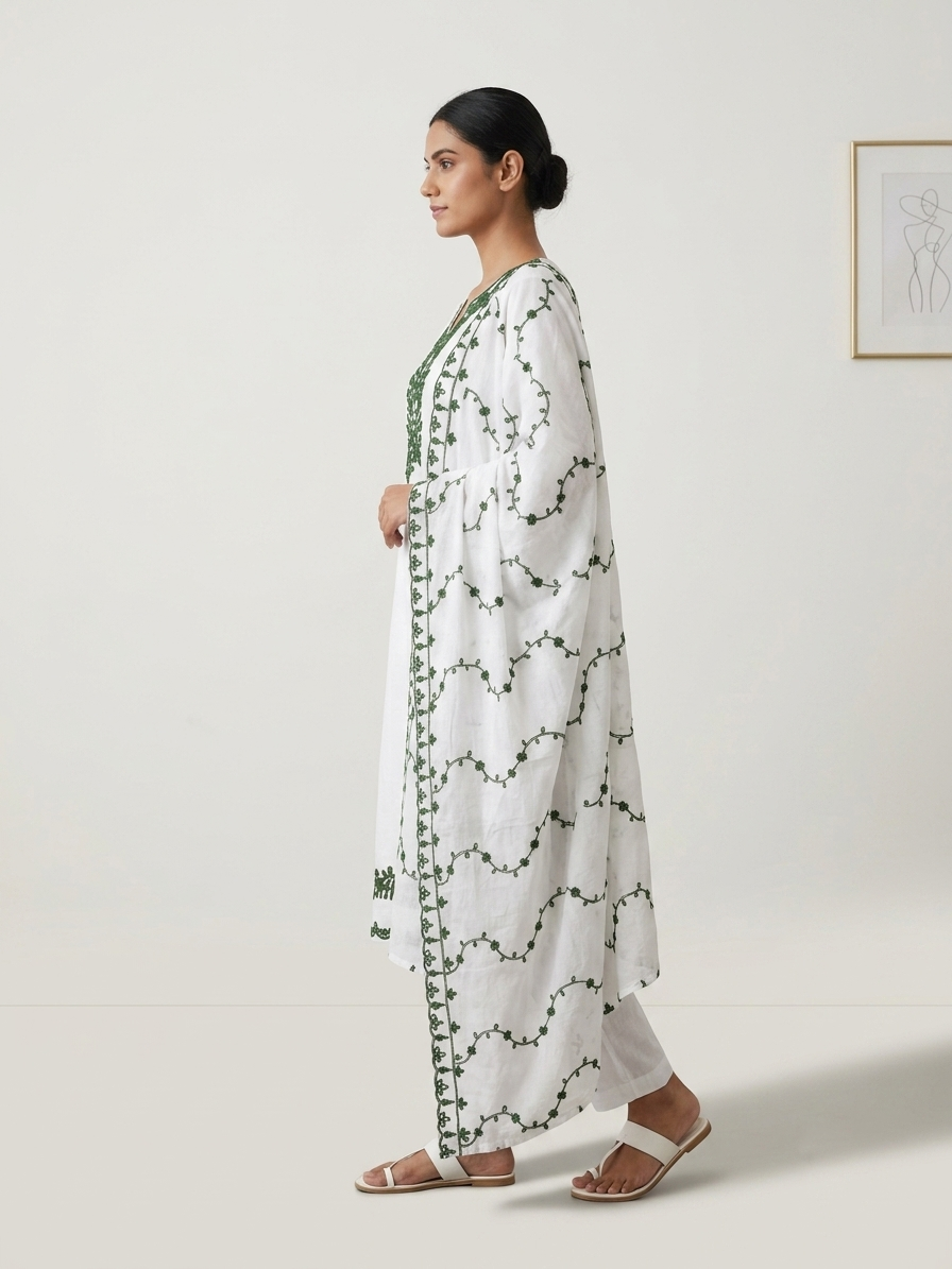 Emerald Green Embroidered Cotton Silk Suit Set – Pristine White