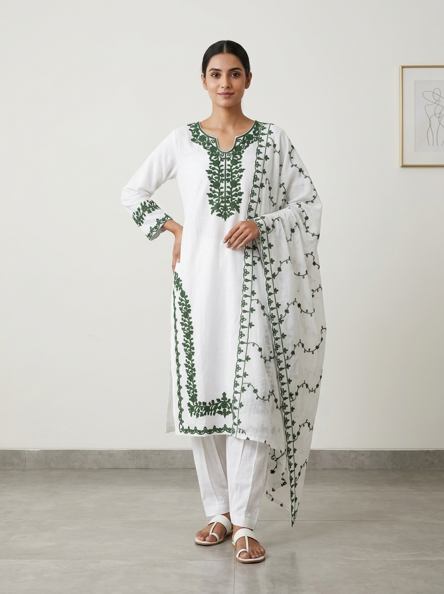 Emerald Green Embroidered Cotton Silk Suit Set – Pristine White
