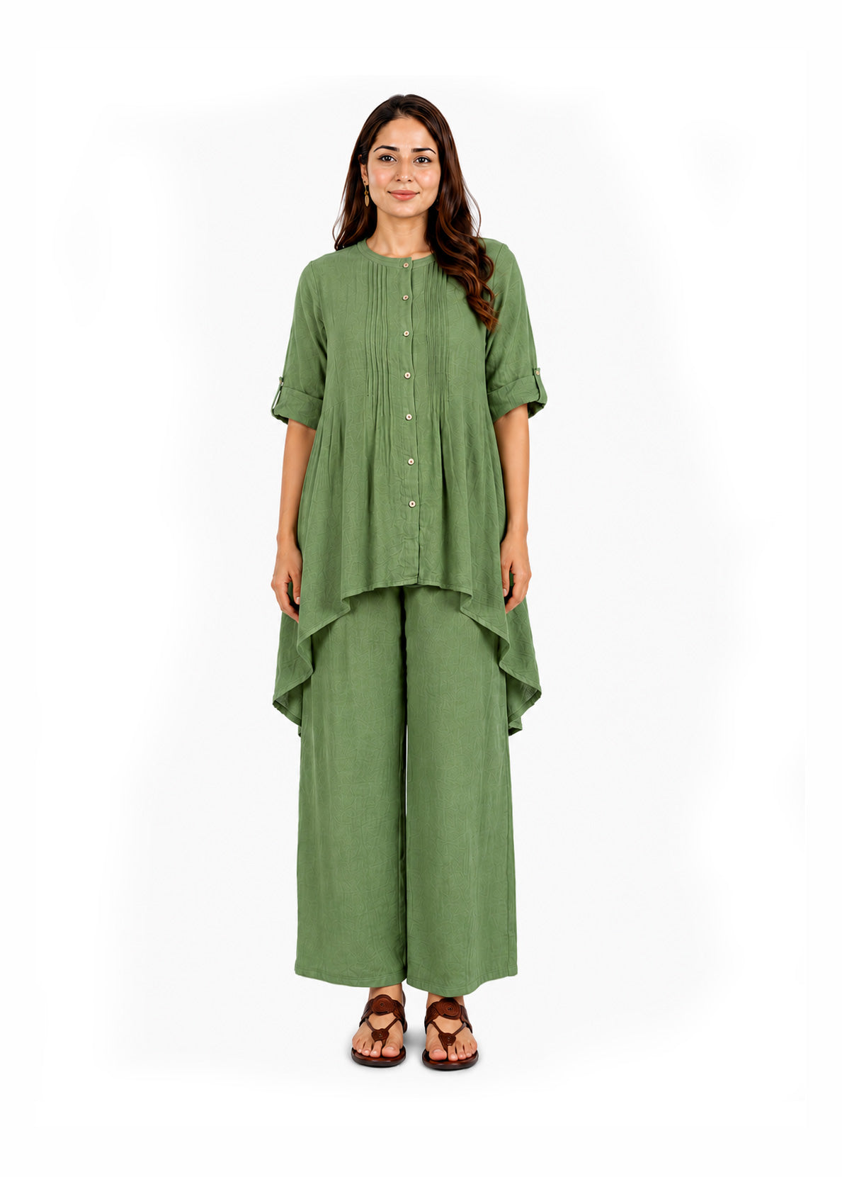 Casual Linen-Blend Pintuck Fusion Kurta Pant Set - Indigo Blue