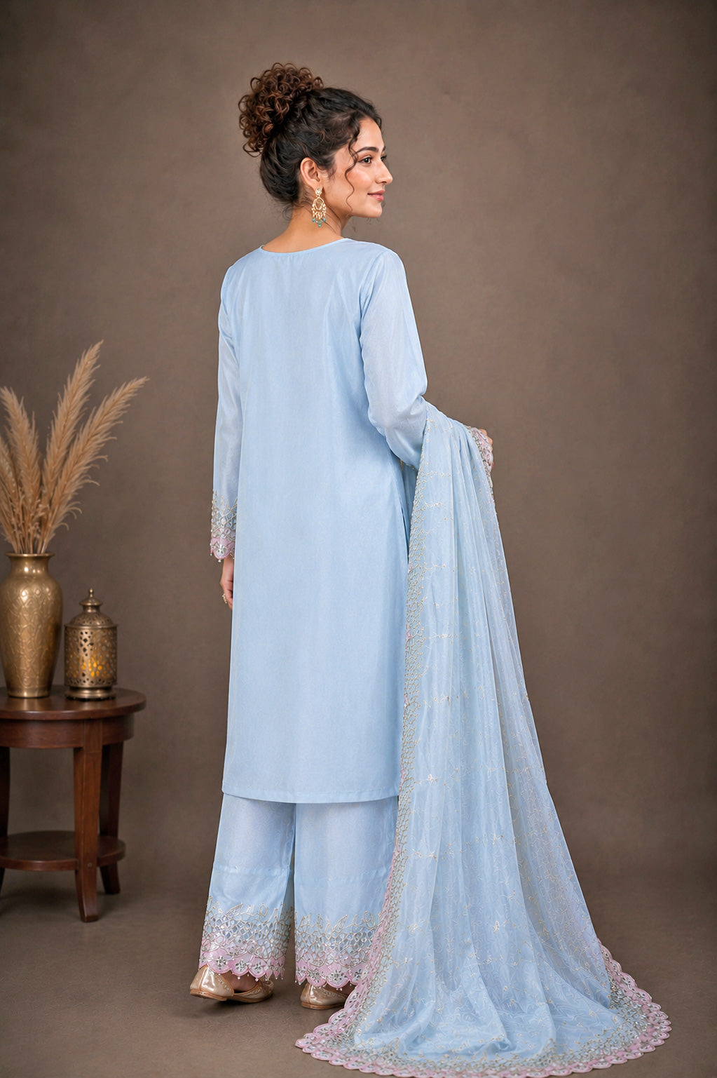 Embroidered Silk Suit Set – Ice Blue