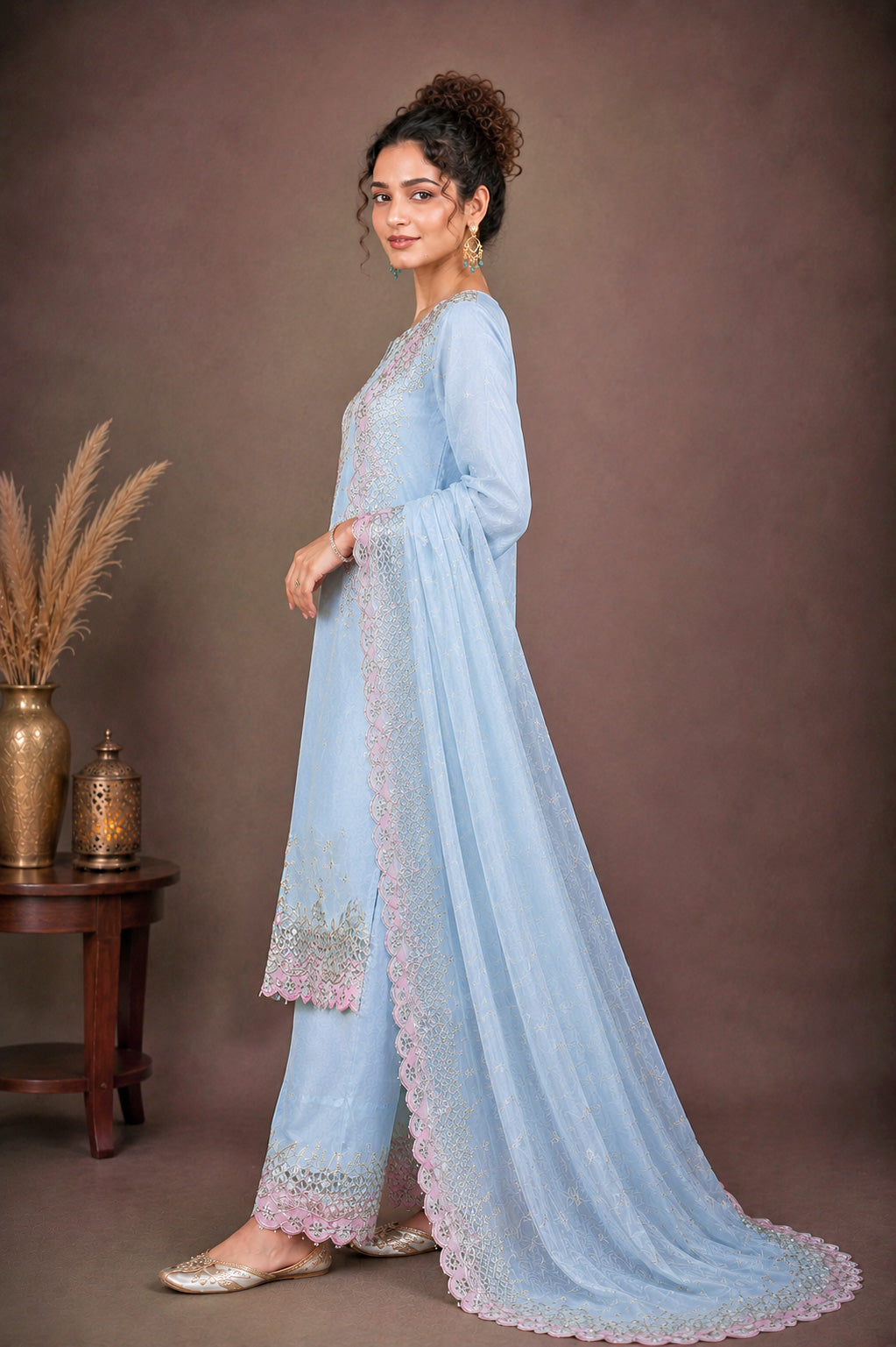 Embroidered Silk Suit Set – Ice Blue