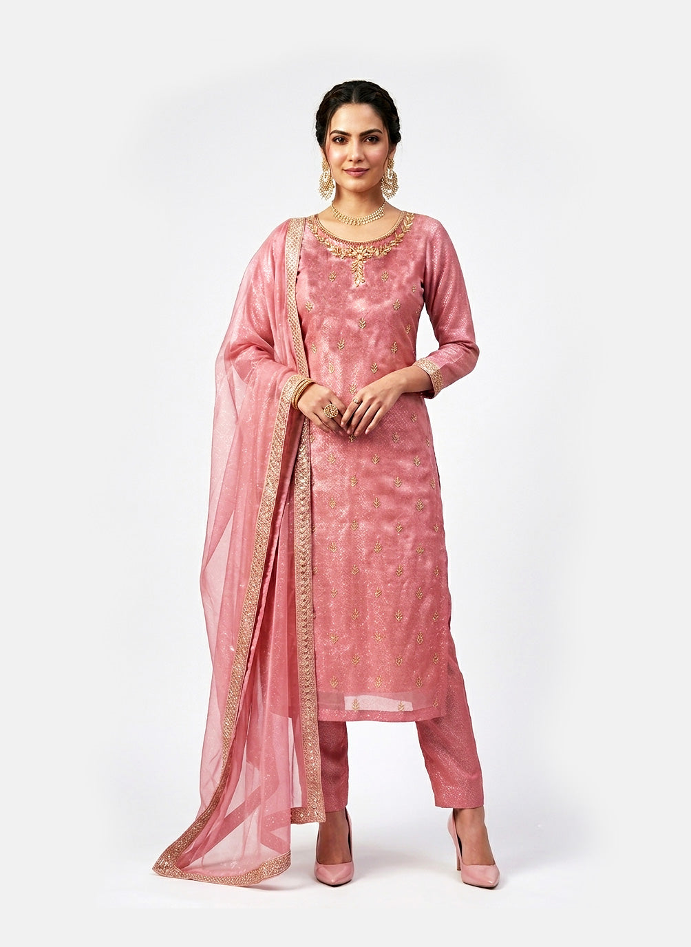 Hand-Embroidered Straight Pant Suit with Scallop Dupatta – Rose Pink