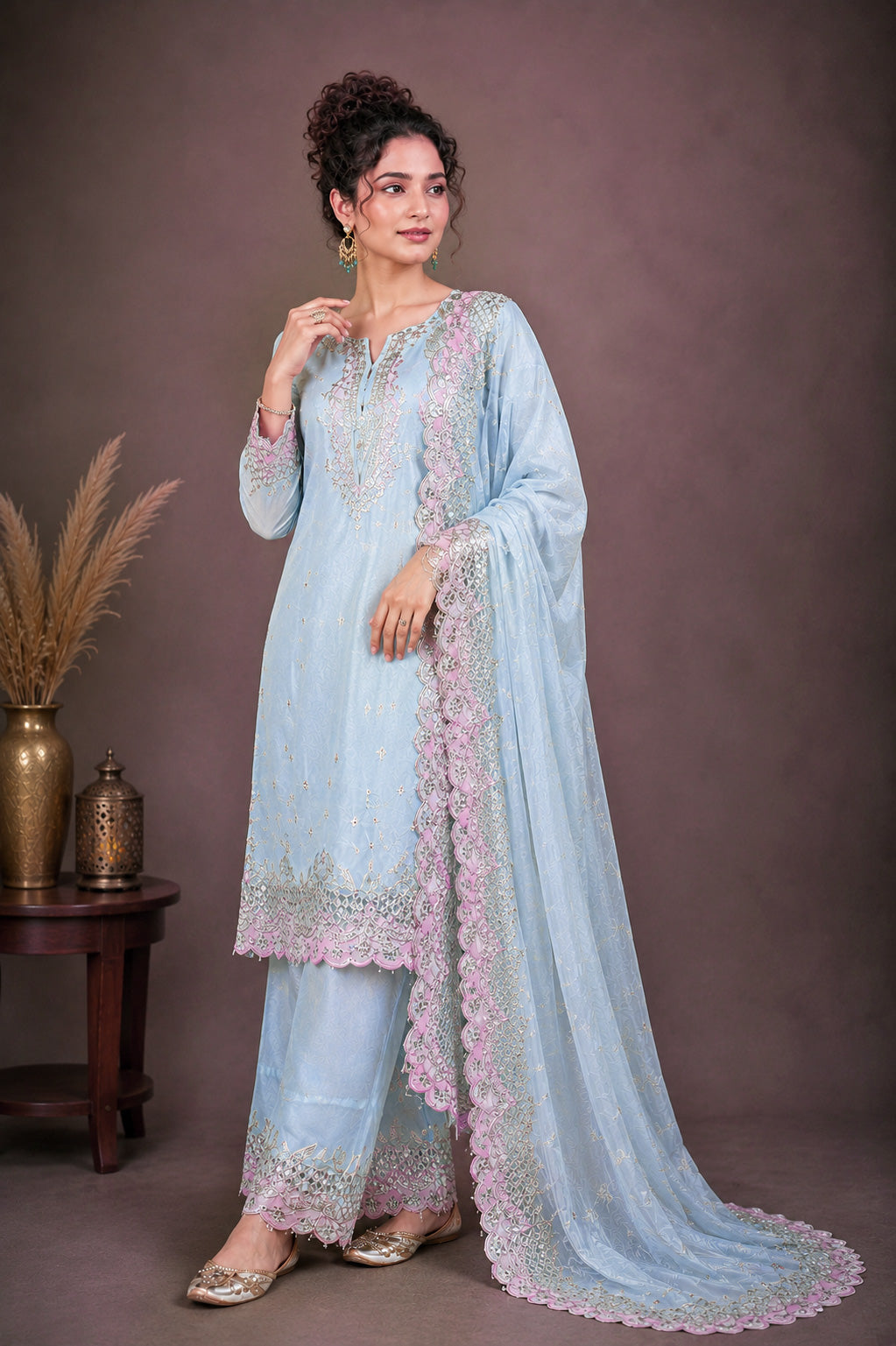 Embroidered Silk Suit Set – Ice Blue