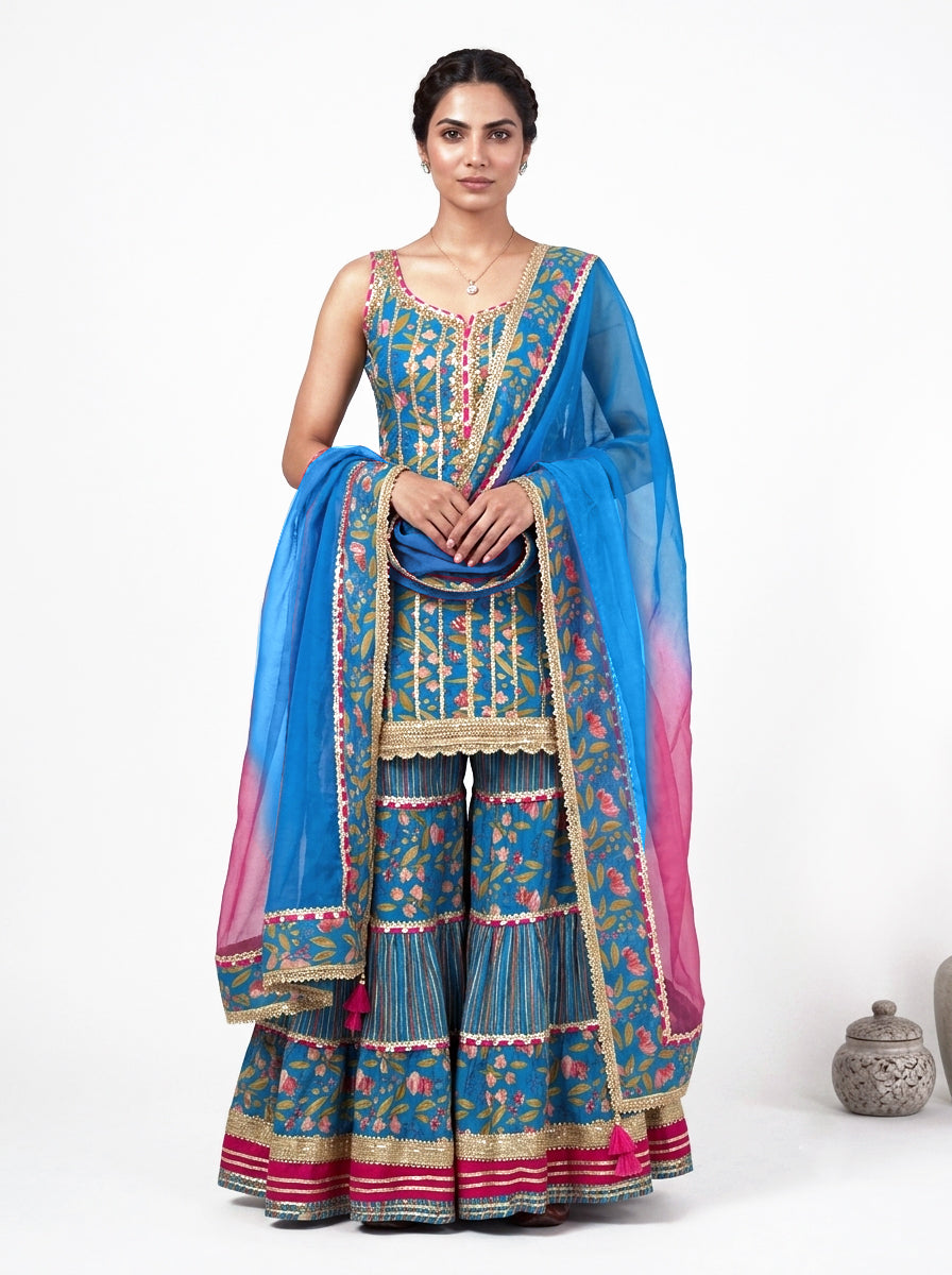 Embroidered Floral Sharara Suit Set with Ombre Dupatta – Peacock Blue & Mustard Yellow