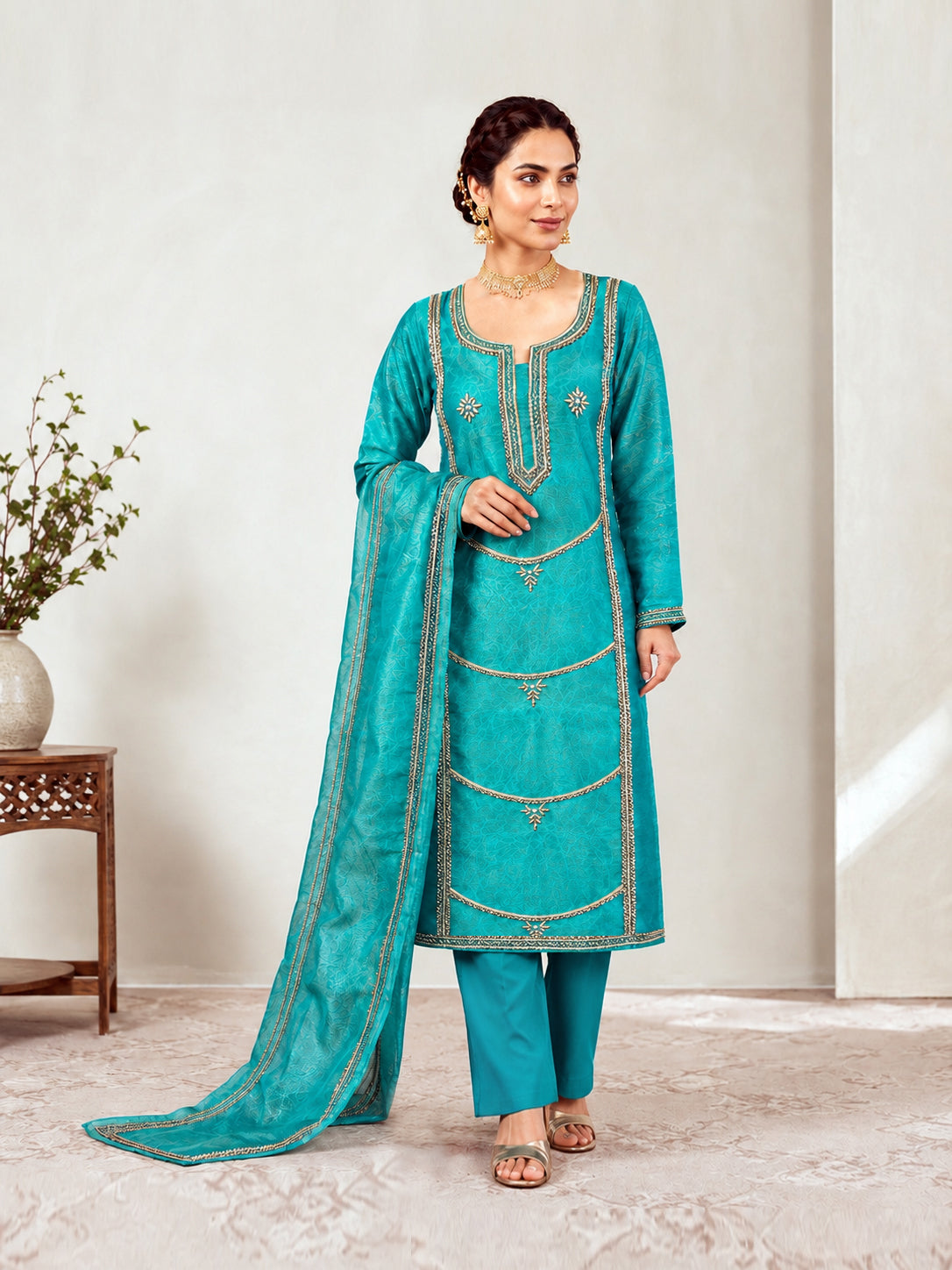Shimmer Burberry Unstitched Suit Set | Orange, Light Blue, Mehndi Gold