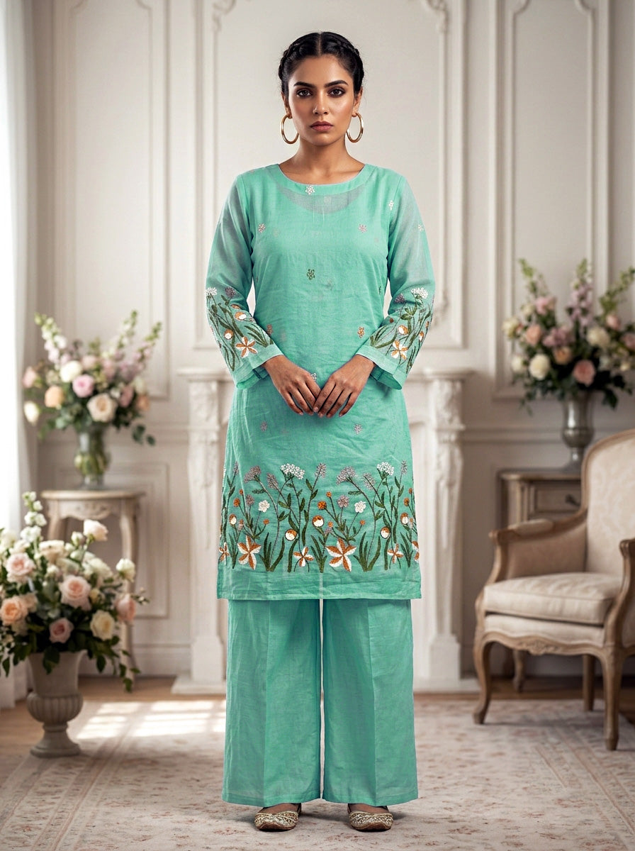 Elegant Embroidered Kurti Palazzo Set – Powder Blue & Off-White