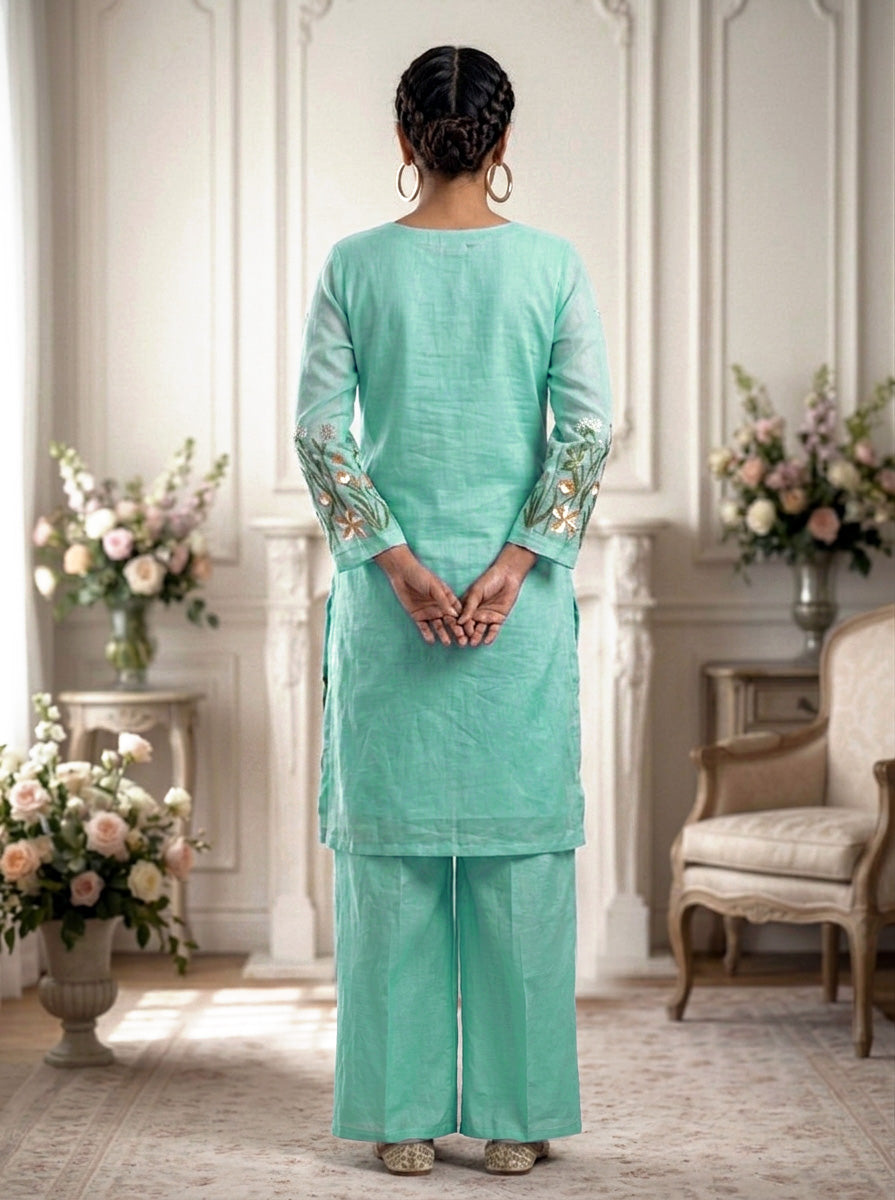Elegant Embroidered Kurti Palazzo Set – Powder Blue & Off-White