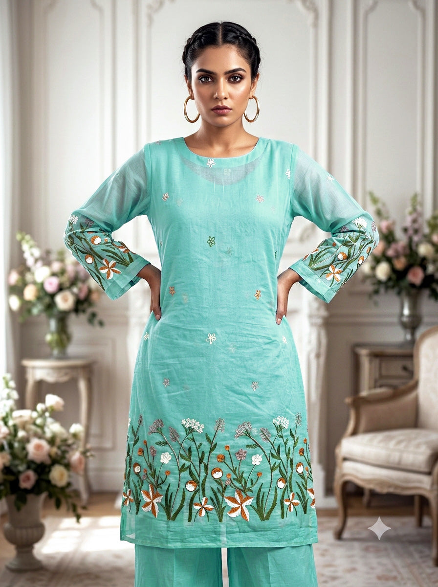 Elegant Embroidered Kurti Palazzo Set – Powder Blue & Off-White