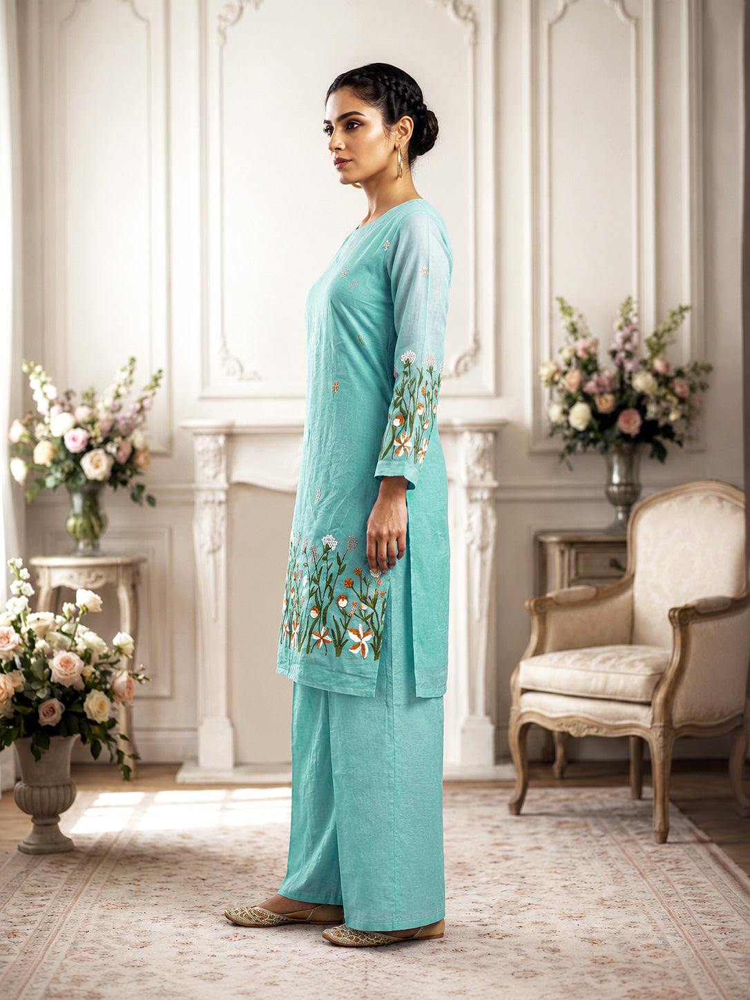 Elegant Embroidered Kurti Palazzo Set – Powder Blue & Off-White