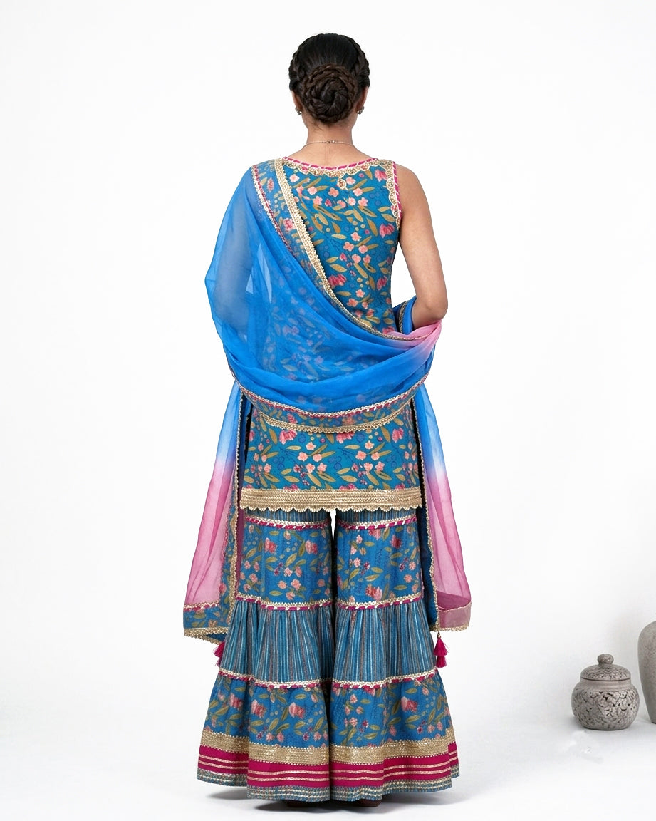 Embroidered Floral Sharara Suit Set with Ombre Dupatta – Peacock Blue & Mustard Yellow