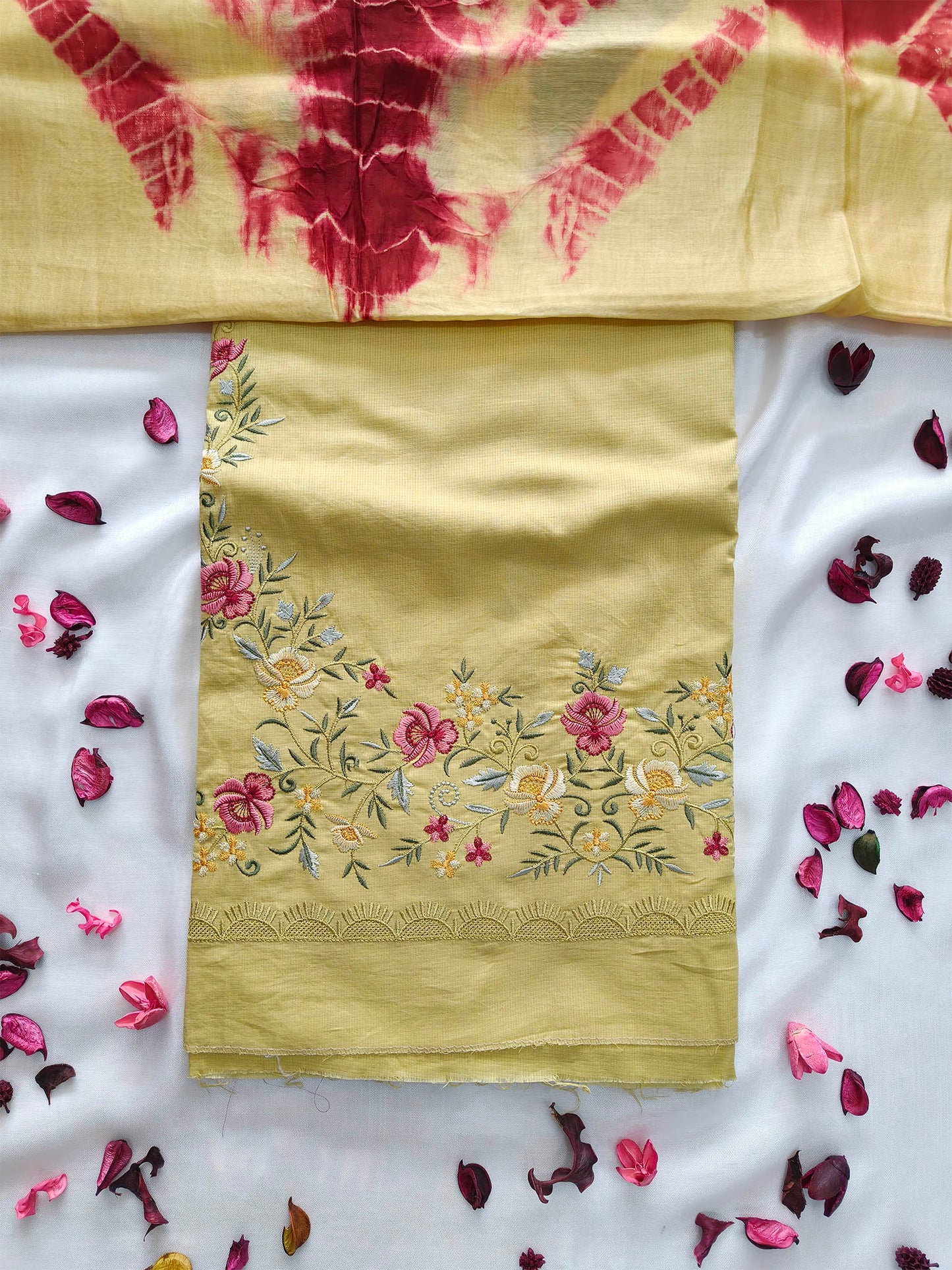 Giza Cotton Unstitched Suit Set – Floral Embroidery & Tie-Dye Kota Doria Dupatta