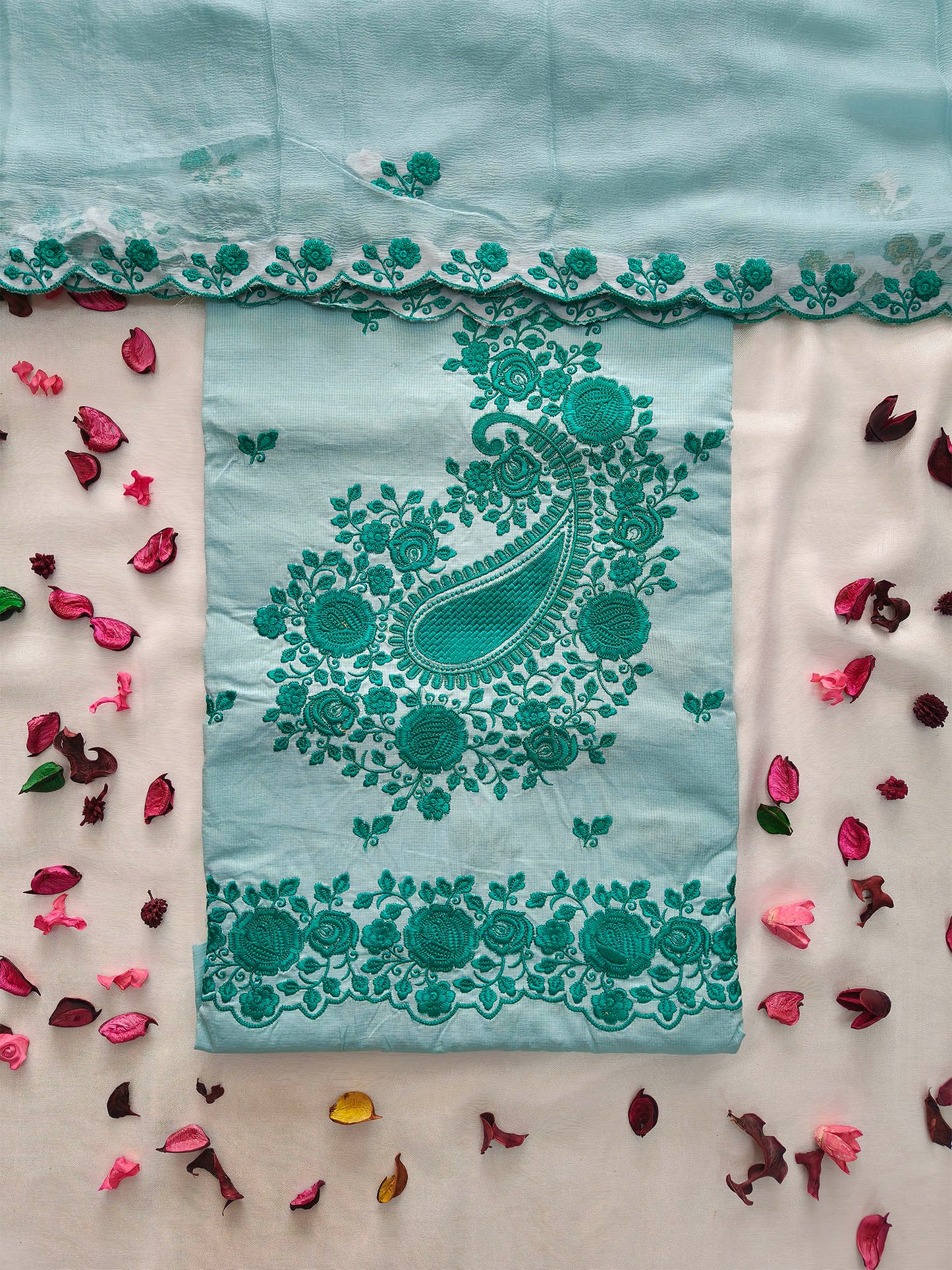 Giza Cotton Unstitched Suit Set with Machine Embroidery & Chiffon Dupatta