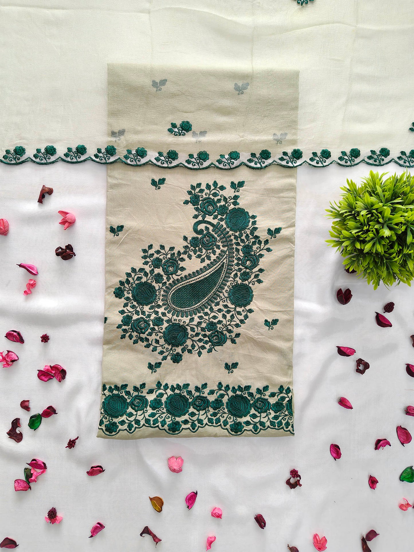 Giza Cotton Unstitched Suit Set with Machine Embroidery & Chiffon Dupatta