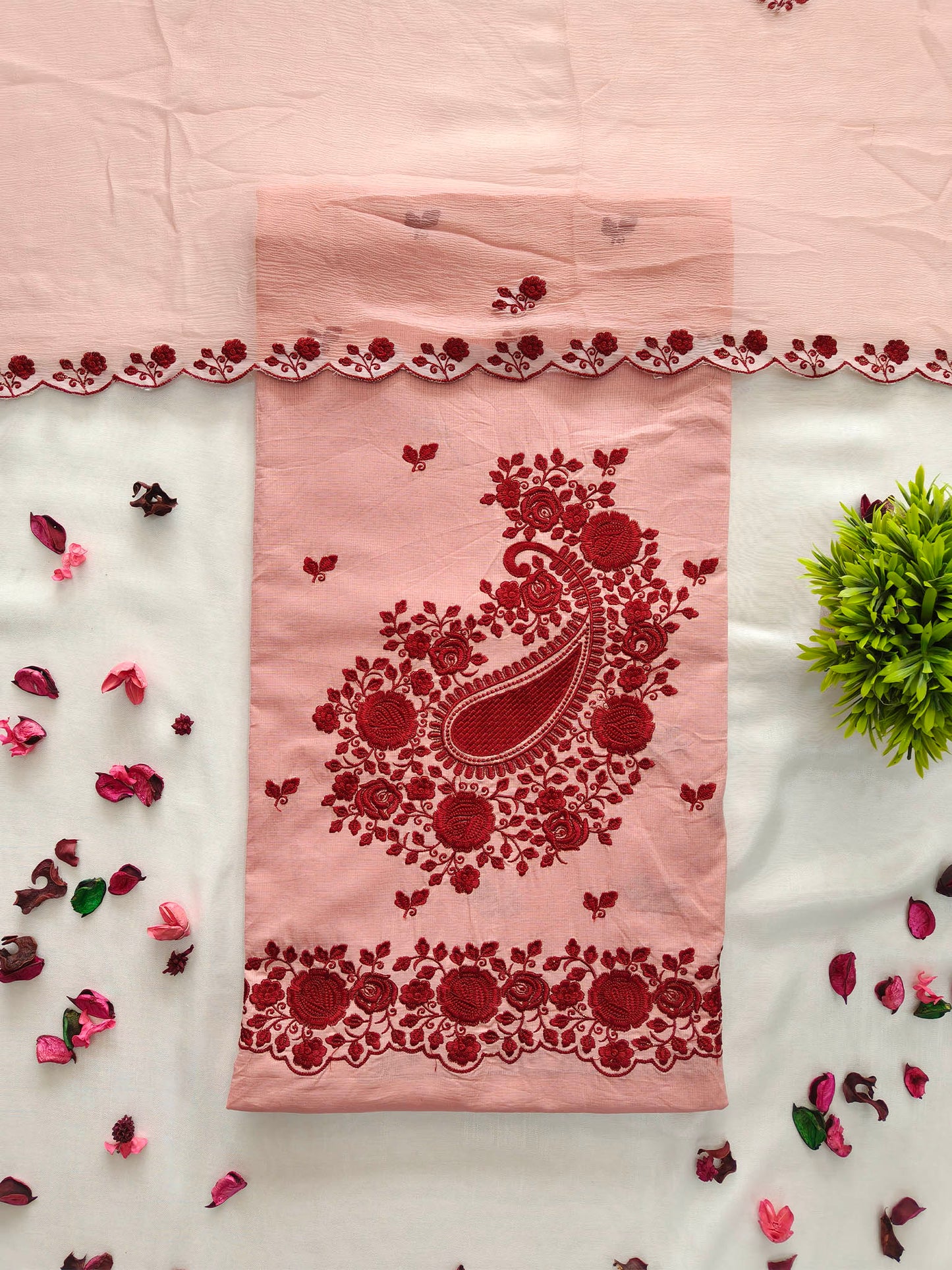 Giza Cotton Unstitched Suit Set with Machine Embroidery & Chiffon Dupatta