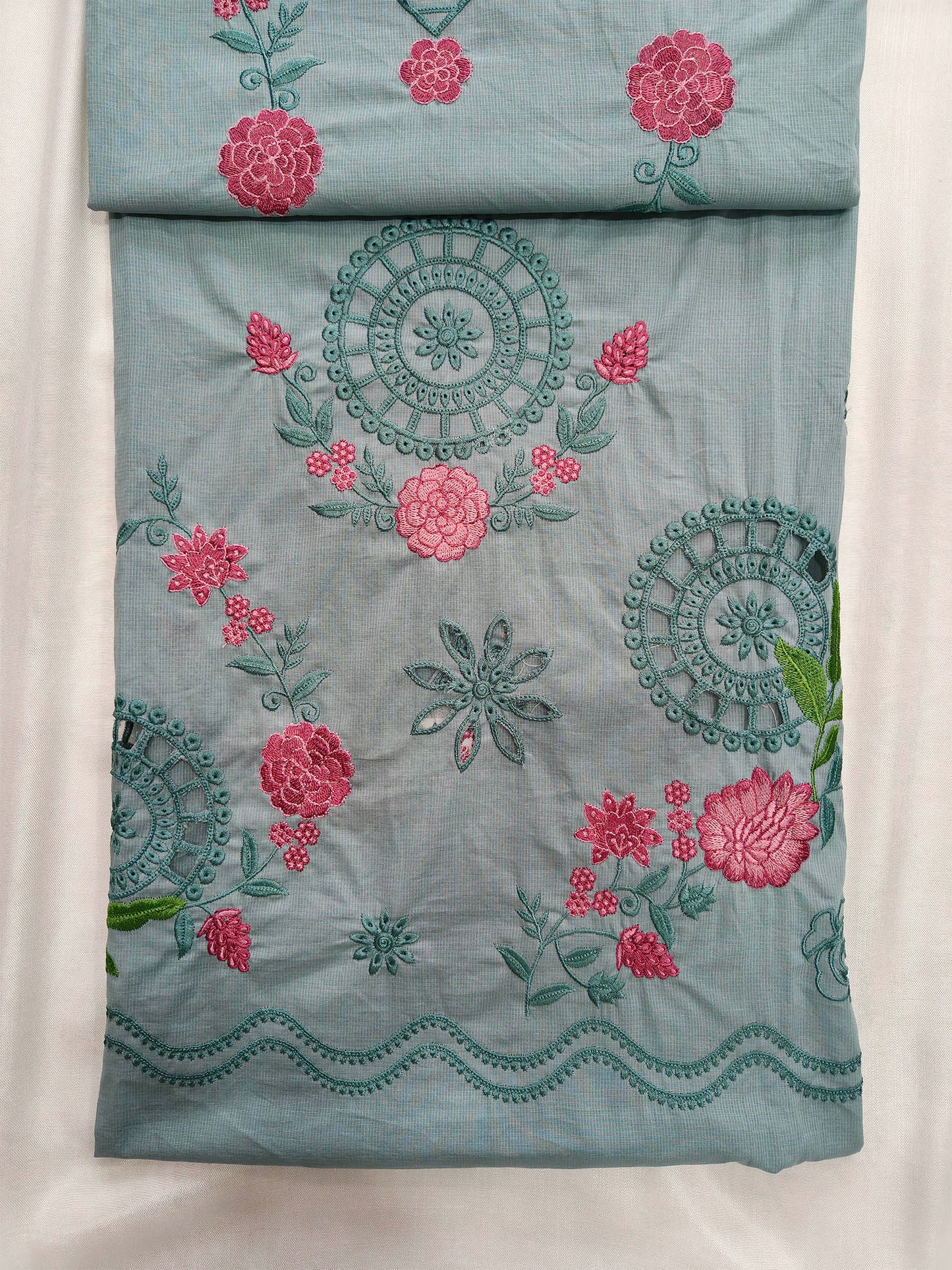 Giza Cotton Unstitched Suit Set with Cut Work Details & Kota Doria Dupatta