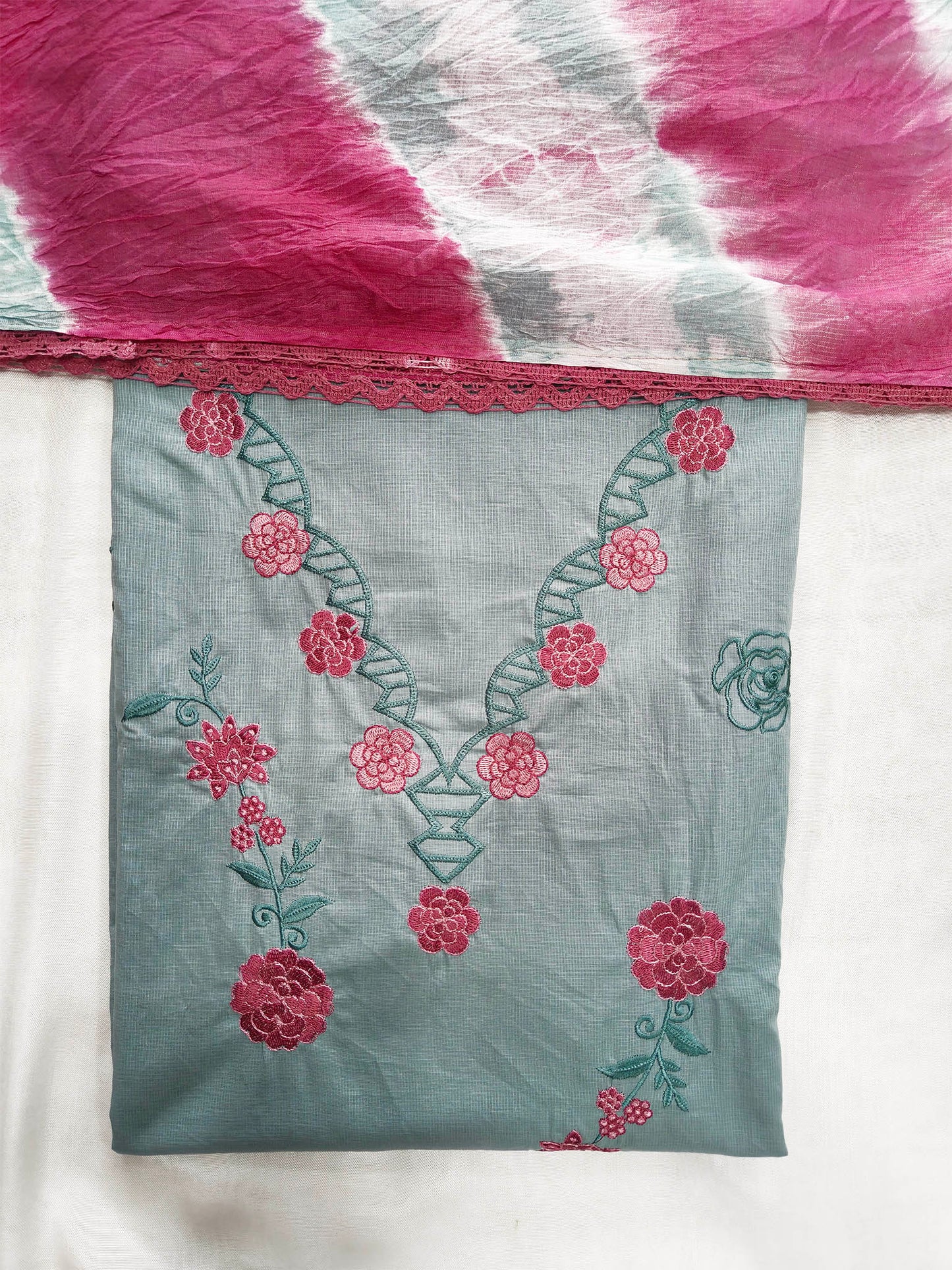 Giza Cotton Unstitched Suit Set with Cut Work Details & Kota Doria Dupatta