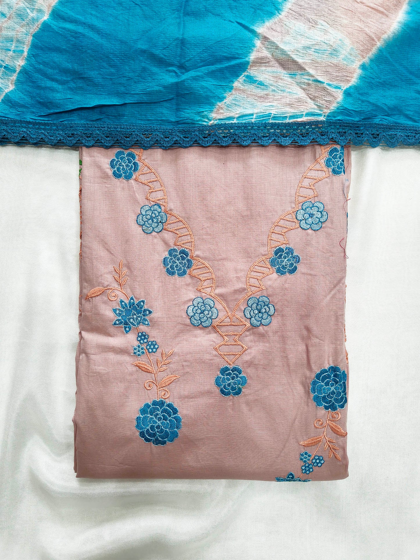 Giza Cotton Unstitched Suit Set with Cut Work Details & Kota Doria Dupatta