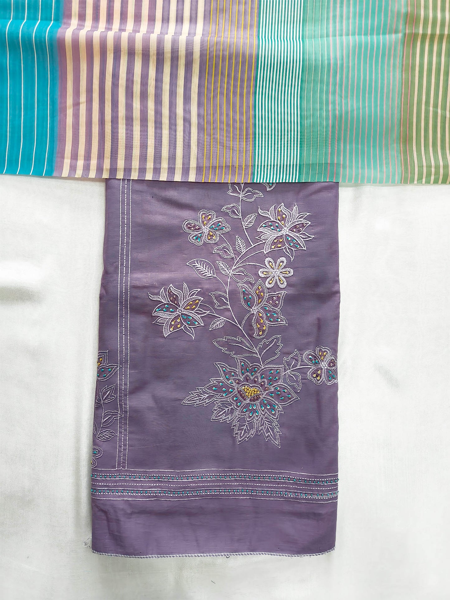 Cotton Unstitched Suit Set with Striped Muslin Dupatta | Onion-Purple