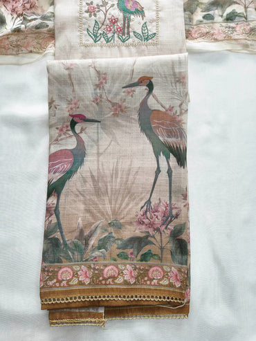 Linen Cotton Unstitched Suit Set with Floral Chiffon Dupatta & Embroidery
