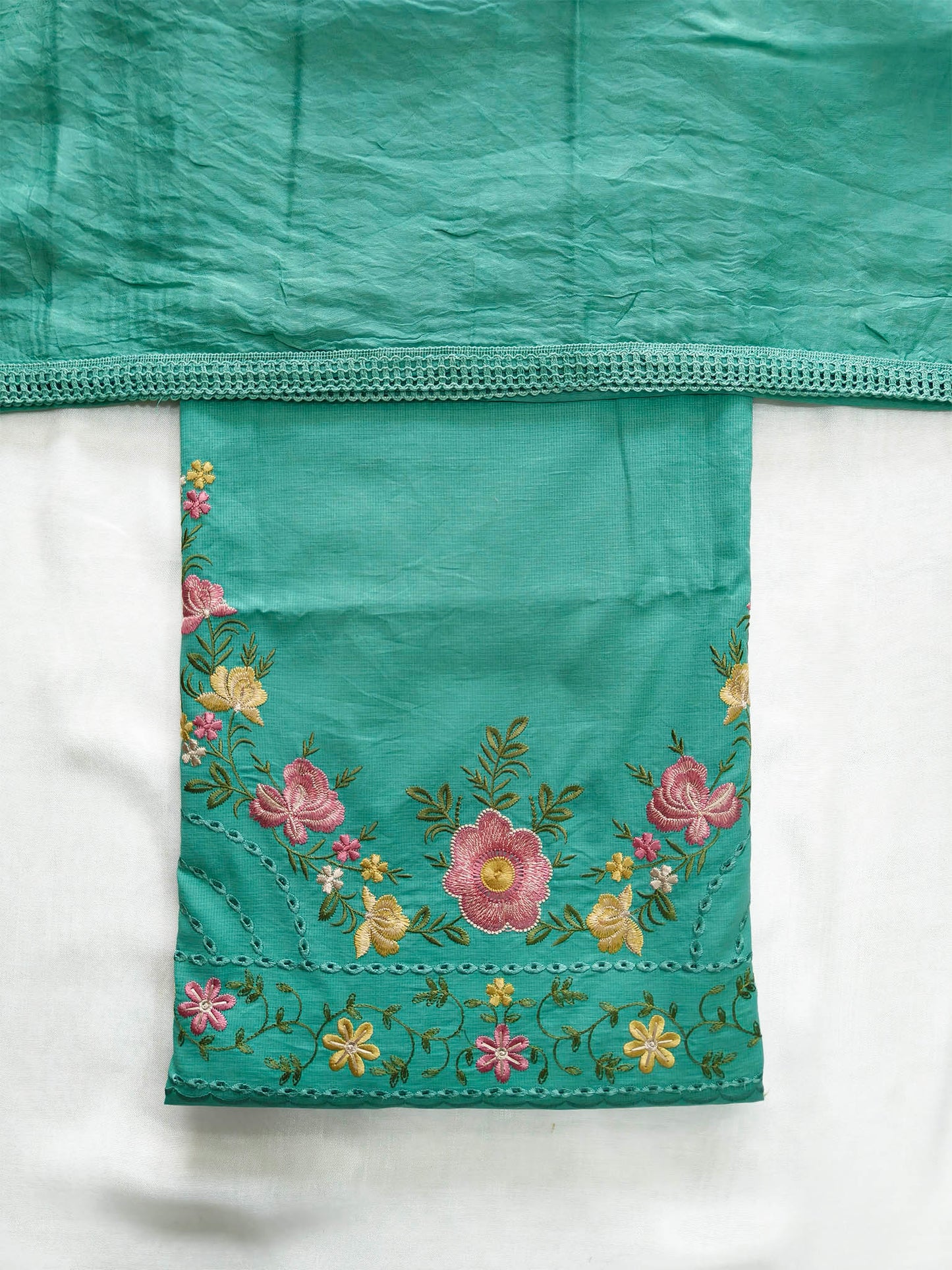 Unstitched Vibrant Giza Cotton Floral Embroidered Suit Set Green & Yellow
