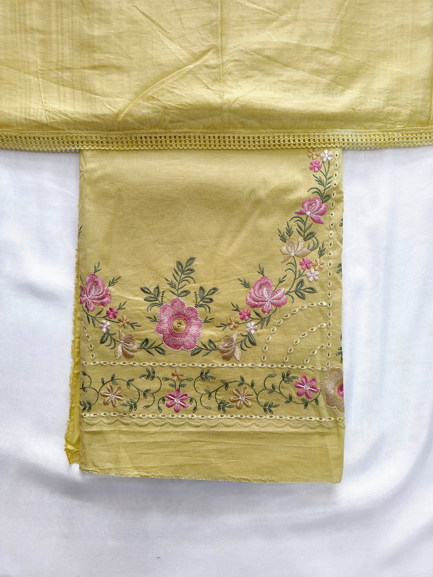 Unstitched Vibrant Giza Cotton Floral Embroidered Suit Set Green & Yellow