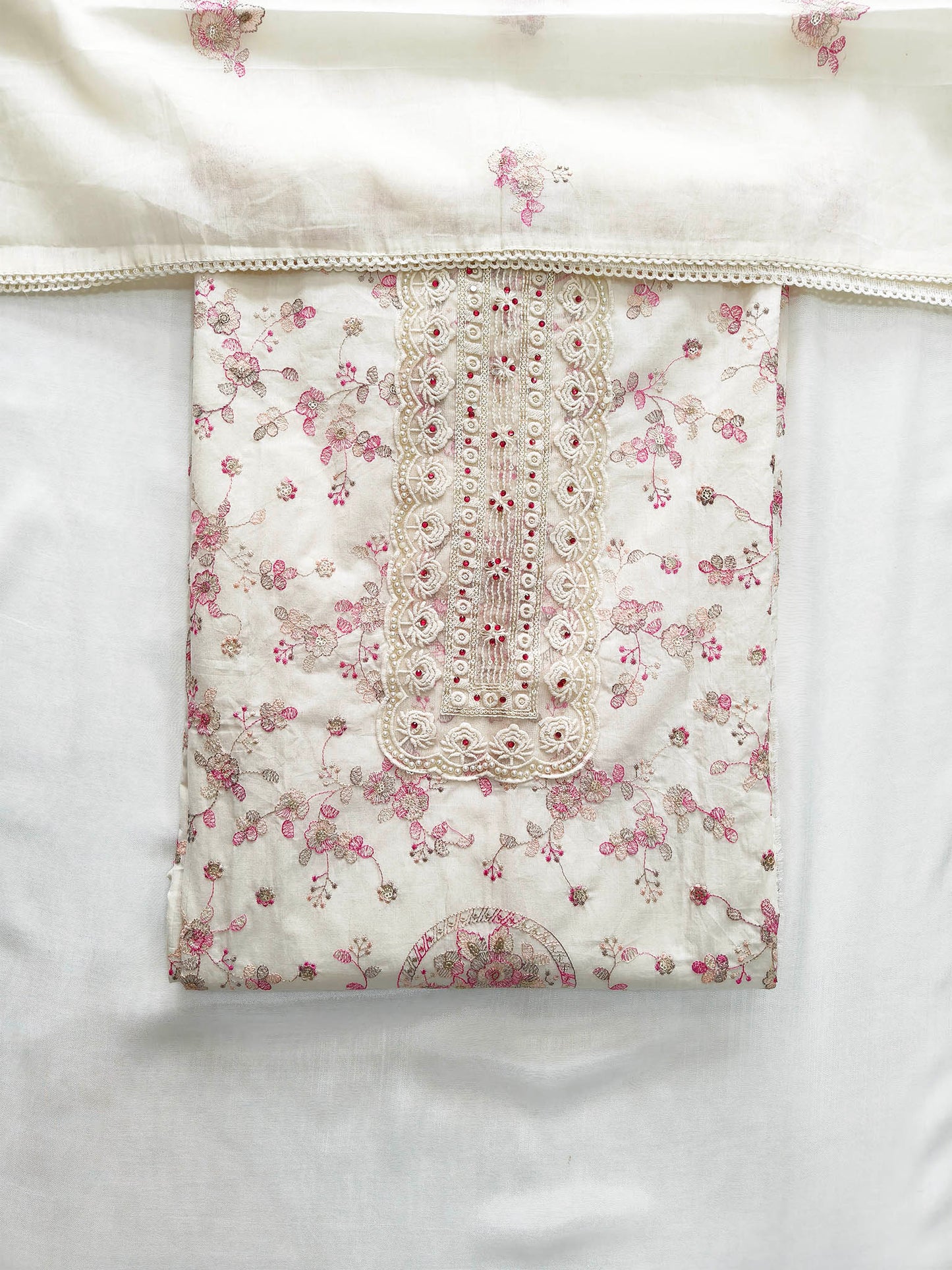 Mul Cotton Unstitched Suit Set with Intricate Machine Work & Lace Dupatta | Off-White