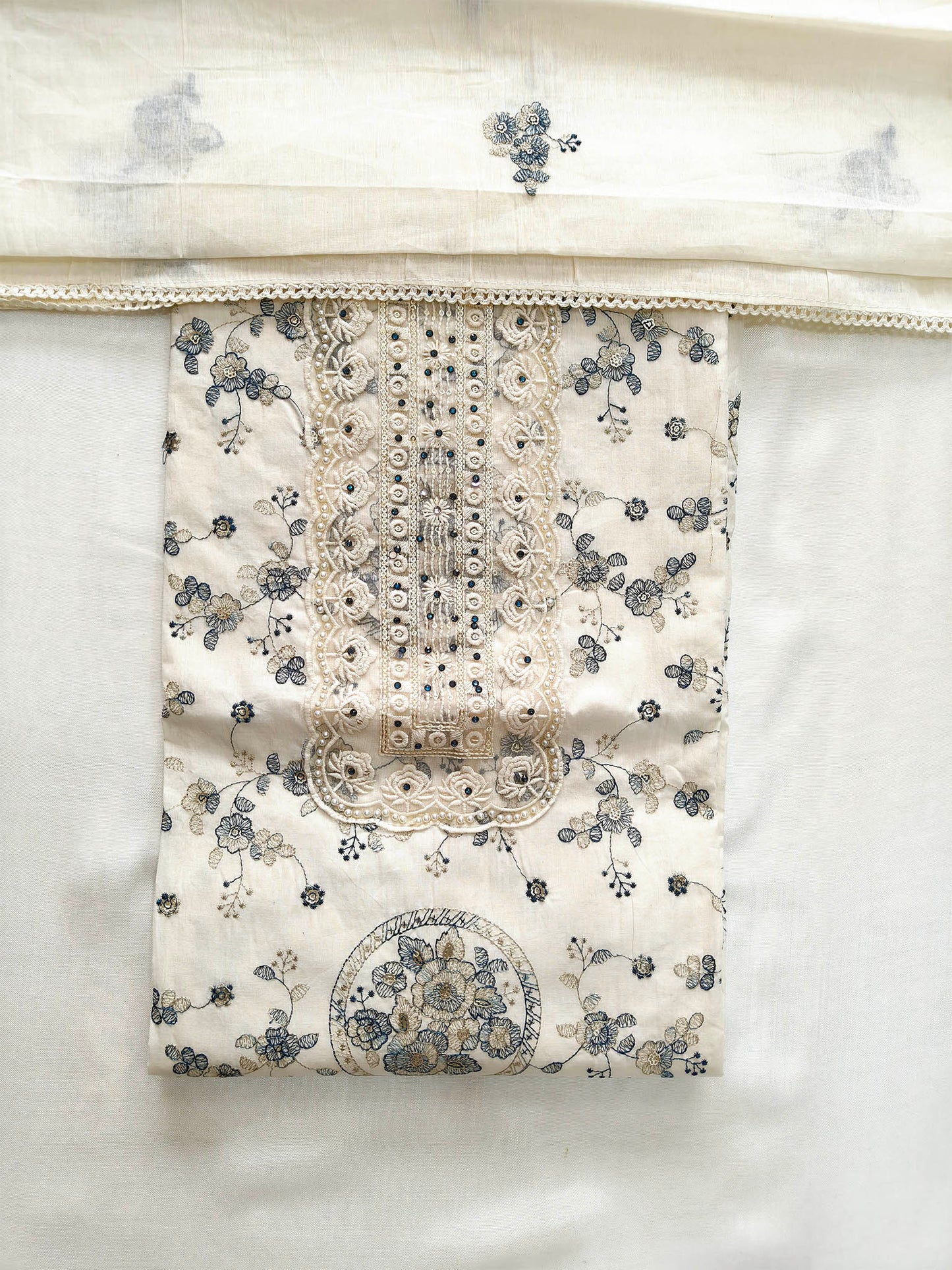 Mul Cotton Unstitched Suit Set with Intricate Machine Work & Lace Dupatta | Off-White
