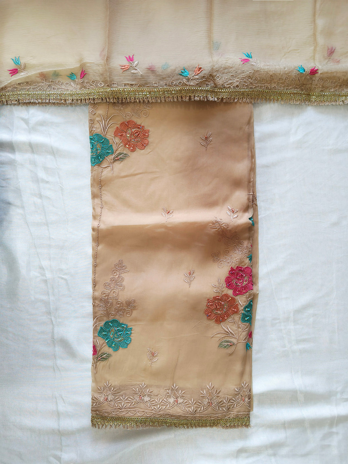 Organza Floral Embroidered Unstitched Suit Set with Chiffon Dupatta