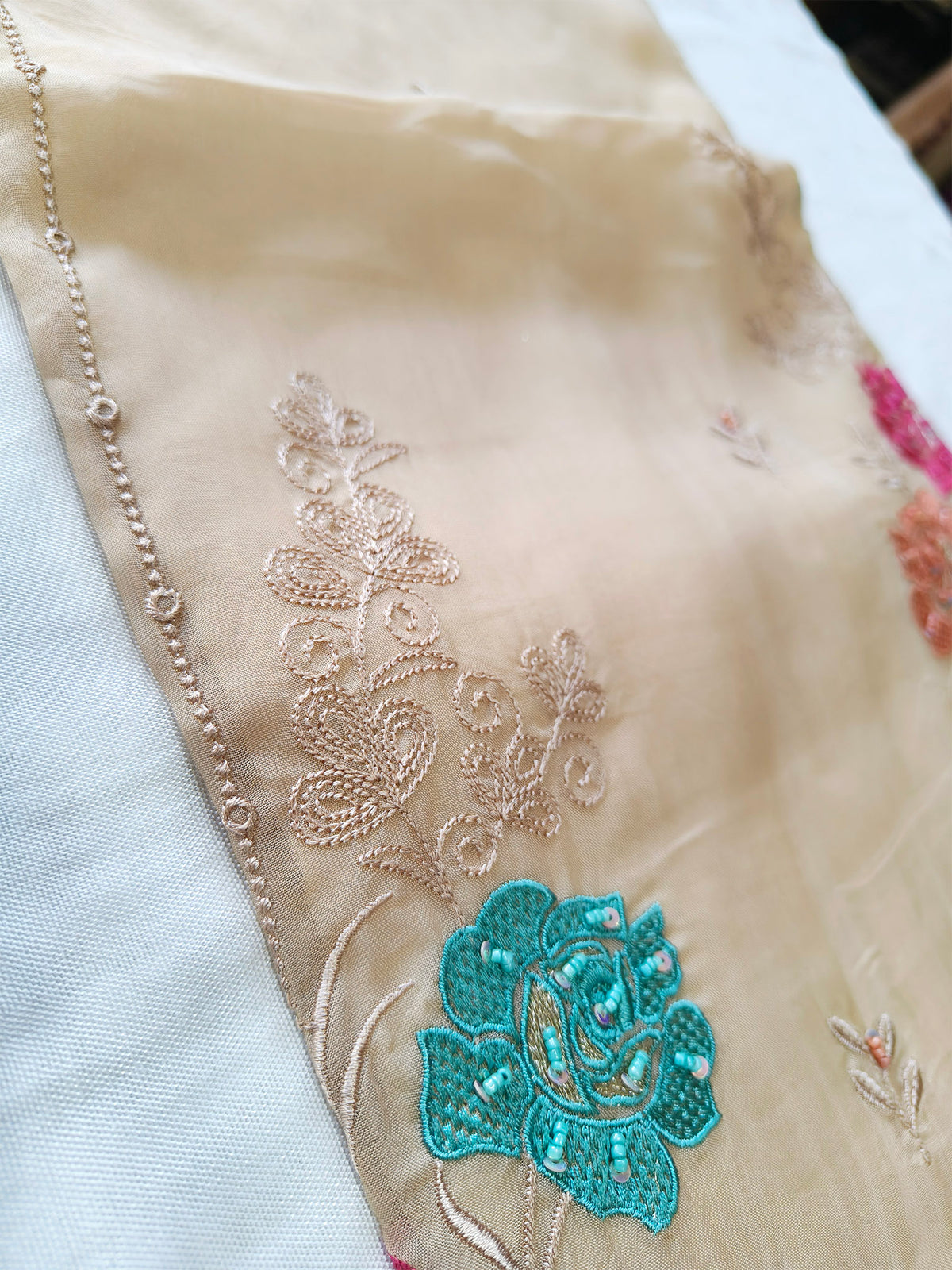 Organza Floral Embroidered Unstitched Suit Set with Chiffon Dupatta