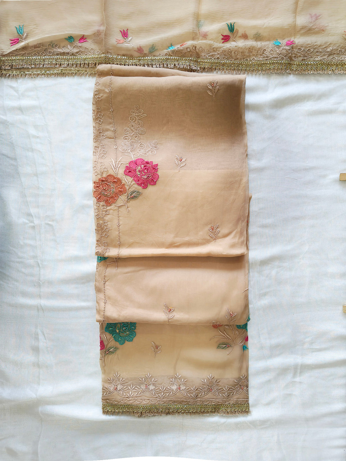 Organza Floral Embroidered Unstitched Suit Set with Chiffon Dupatta