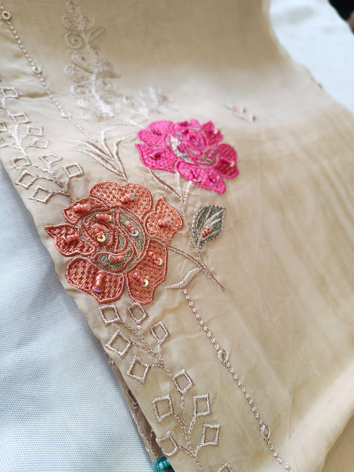 Organza Floral Embroidered Unstitched Suit Set with Chiffon Dupatta