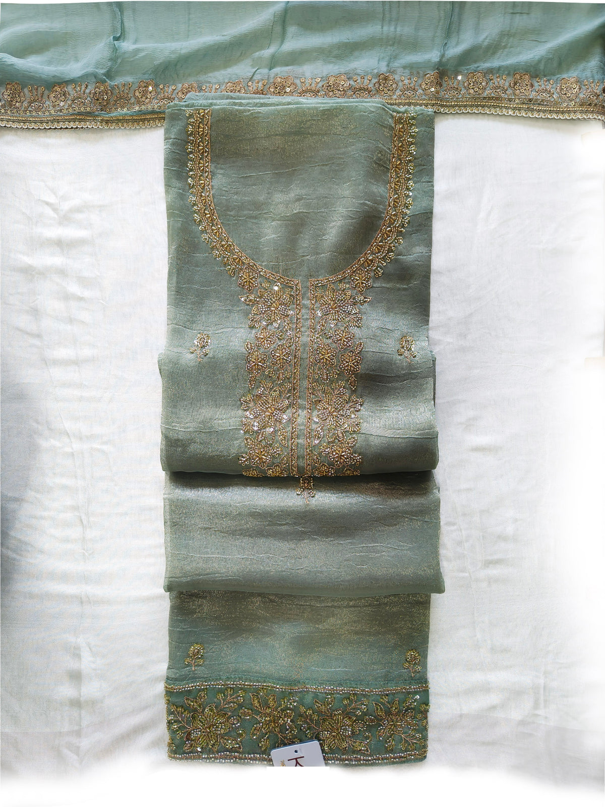 Dusty Shimmer Organza Handwork Unstitched Suit Set with Chiffon Dupatta