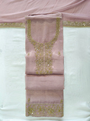 Dusty Shimmer Organza Handwork Unstitched Suit Set with Chiffon Dupatta