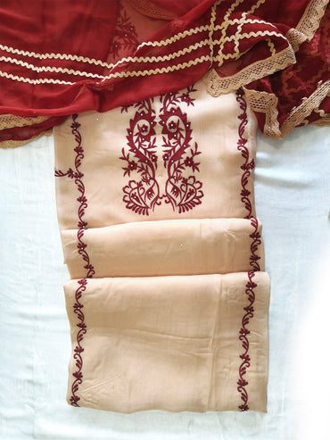 Twill Fabric Machine Embroidery Unstitched Suit Set with Maroon Chiffon Dupatta