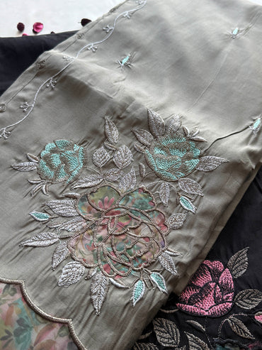 Muslin Unstitched Suit Set with Intricate Machine Embroidery & Lace Detail