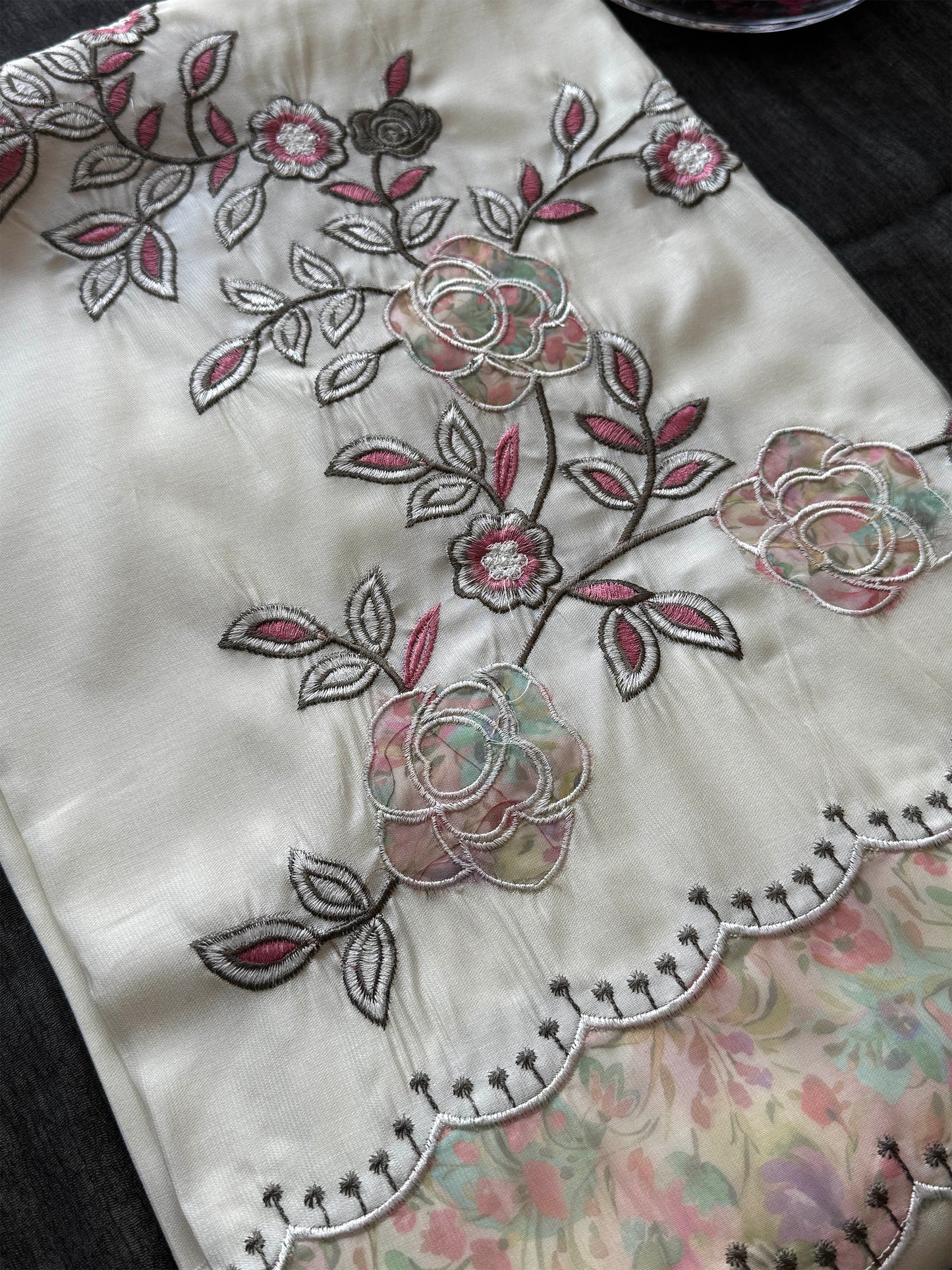 Unstitched Muslin Suit Set with Patch Work | Off-White, Grey & Black