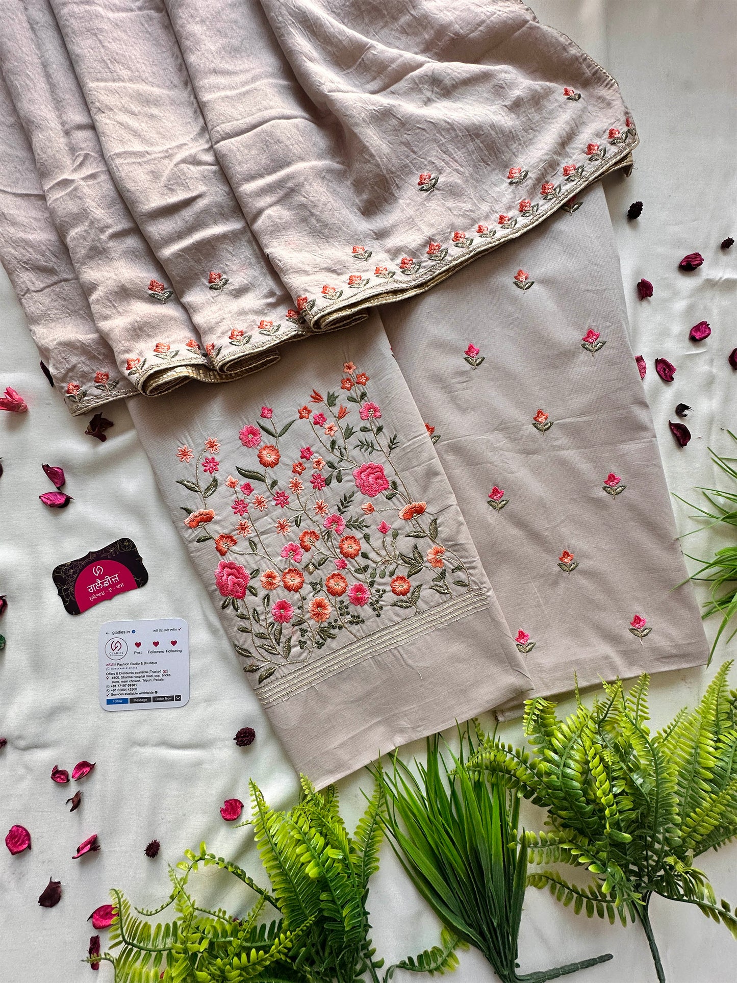 Giza Cotton Suit Set with Floral Embroidery Cream & Black