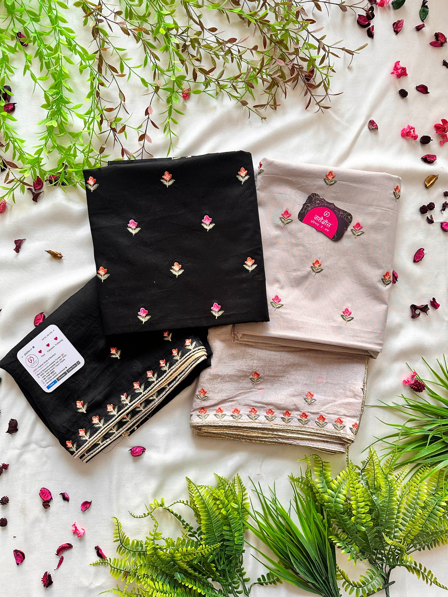 Giza Cotton Suit Set with Floral Embroidery Cream & Black